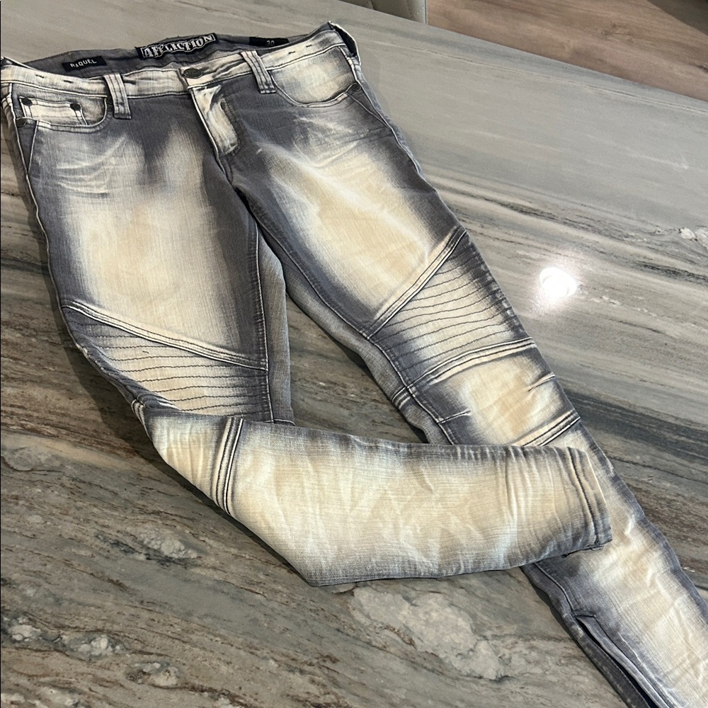 Affliction Women's Washed Light Gray Skinny Moto Jeans